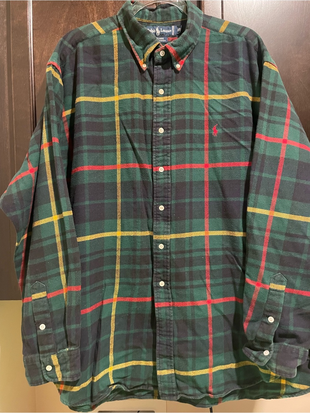 Vintage Late 90’s Ralph Lauren Green, Red, and Yellow Plaid Cotton Flannel XXL